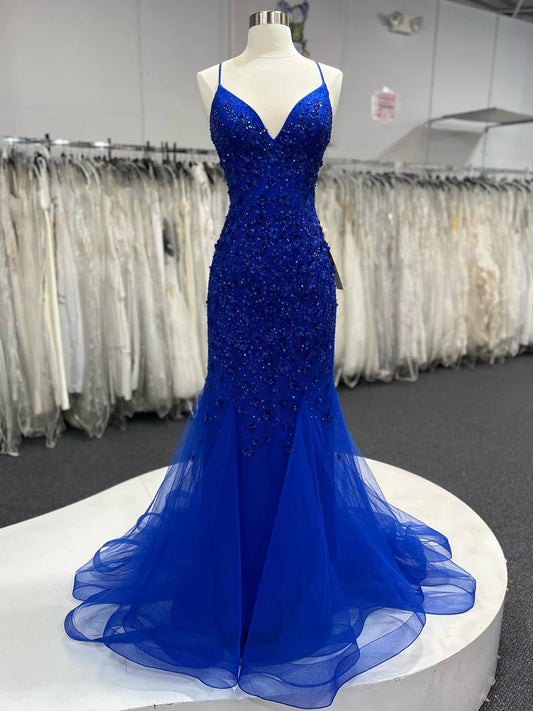 Mermaid V Neck Royal Blue Beade Applique Tulle Long Prom Dress, Evening Dress ED01568