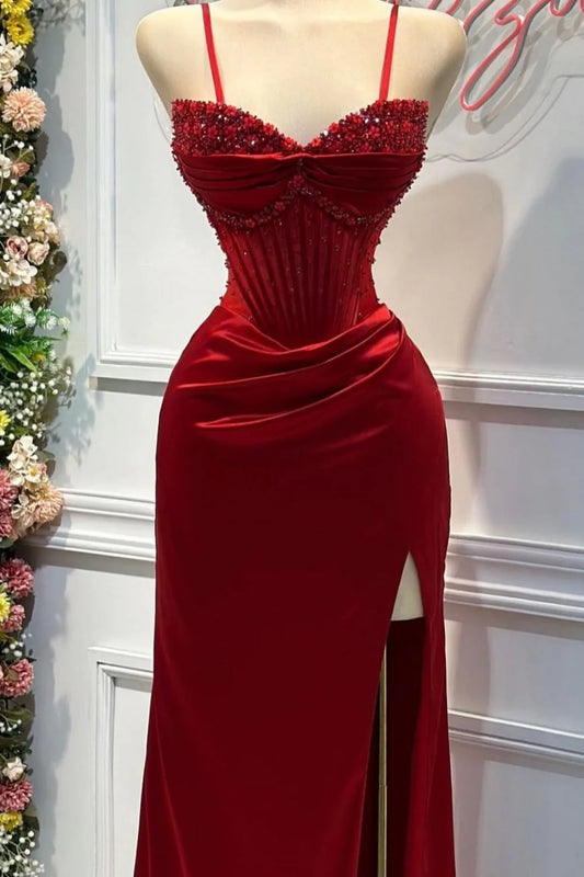 Chic Mermaid Spaghetti StrapsSatin  Long Formal Dress with Beading Wedding Guest Dress ED01569