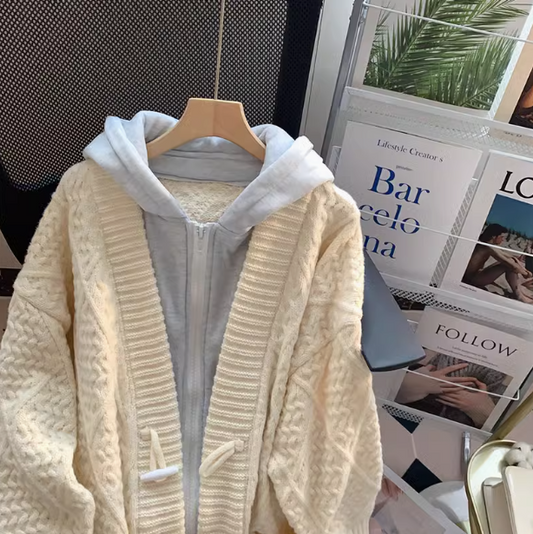 Faux pull à capuche deux pièces, veste ample, style paresseux, cardigan tricoté mi-long ED0156