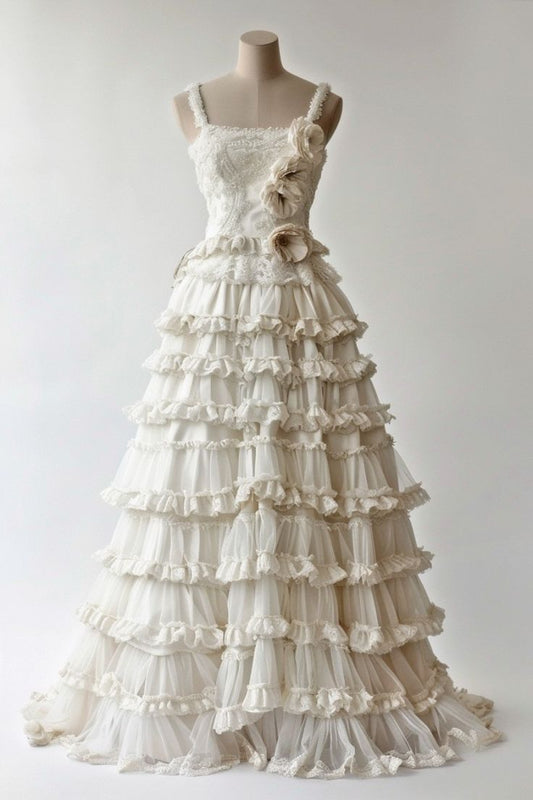 Diamond White A-line Spaghetti Strap Lace Tulle Long Prom Dress Simple Wedding Dress ED01571