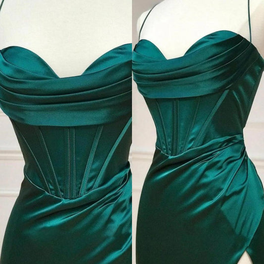 Dark Green Mermaid Satin Spaghetti Straps  Long Prom Dress With Split