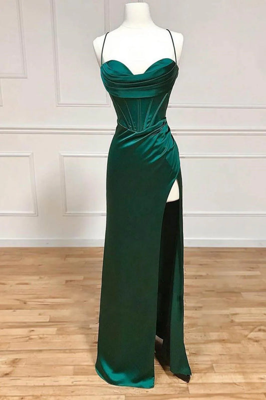 Dark Green Mermaid Satin Spaghetti Straps  Long Prom Dress With Split