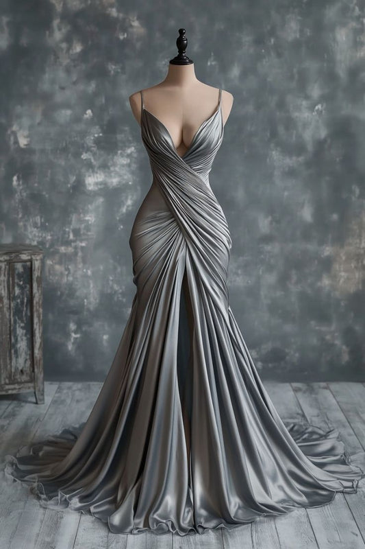 Mermaid V Neck Silver Spaghetti Straps Satin Long Prom Dress Sexy Evening Dress ED01574