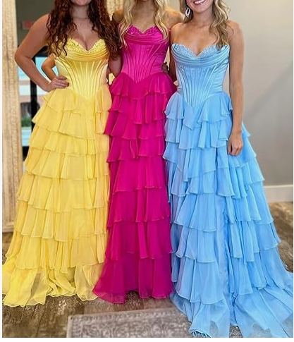 Jolie robe de bal longue jaune à volants et décolleté en cœur avec fente ED01576