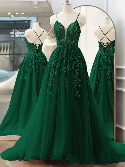 Robe de bal longue en tulle et dentelle vert foncé, coupe trapèze, col en V, robe de soirée formelle ED01577