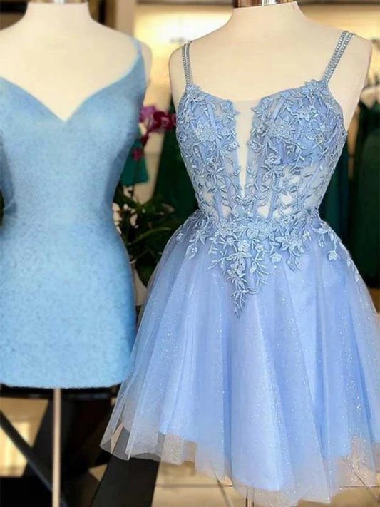 A-Line Blue Spaghetti Strap Tulle Beaded Short Prom Dress, Cute Applique Homecoming Dress  ED01580
