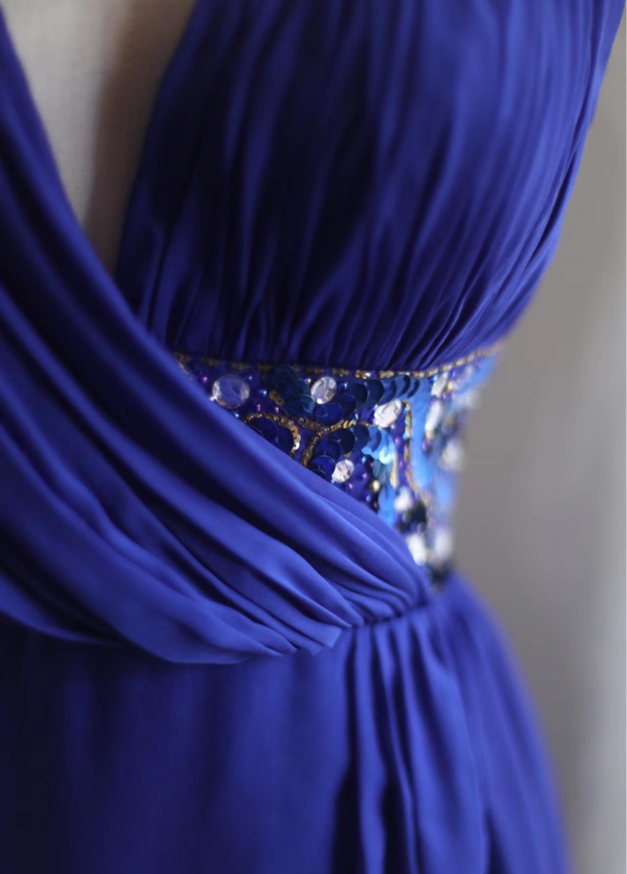 Royal Blue A-Line Halter Chiffon Satin Long Prom Dress V-neck Beaded Birthday Party Dress ED01581
