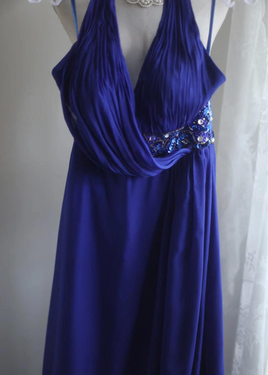 Robe de bal longue bleu roi en satin et mousseline de soie, coupe trapèze, col en V, avec perles, pour fête d'anniversaire, ED01581