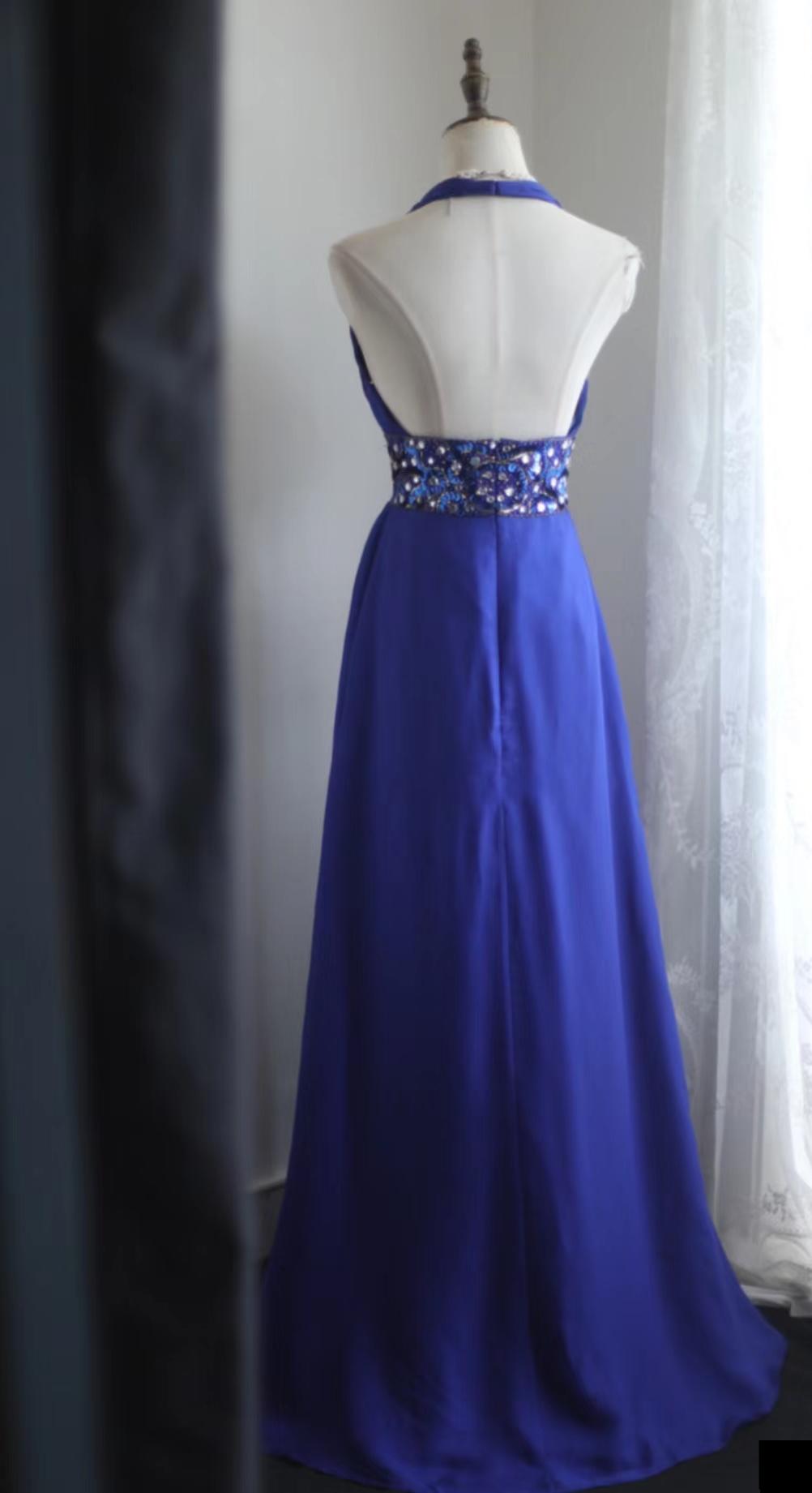 Royal Blue A-Line Halter Chiffon Satin Long Prom Dress V-neck Beaded Birthday Party Dress ED01581