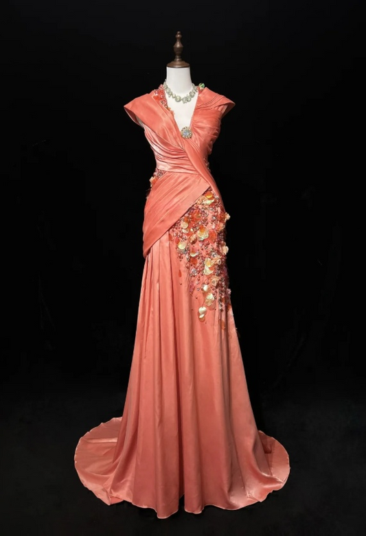 Robe de bal longue en satin orange vif, col en V, sirène, perles et paillettes, ED01582