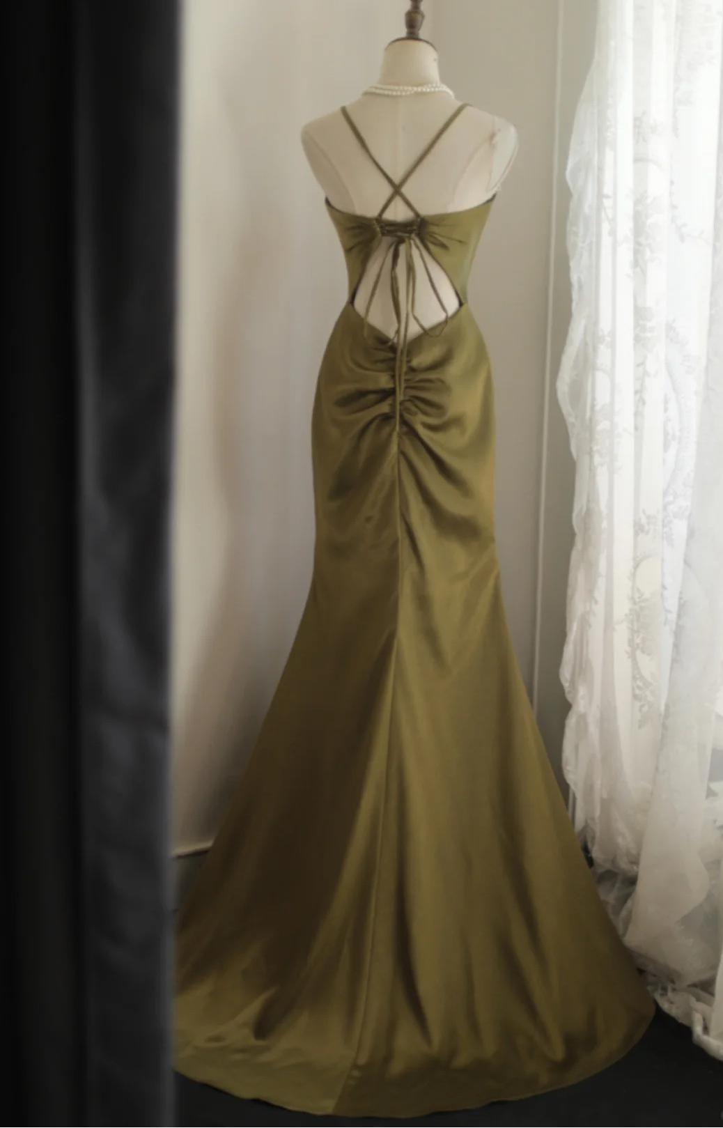 Robe de bal longue en satin à col en V et sirène, élégante robe de soirée à bretelles spaghetti ED01584