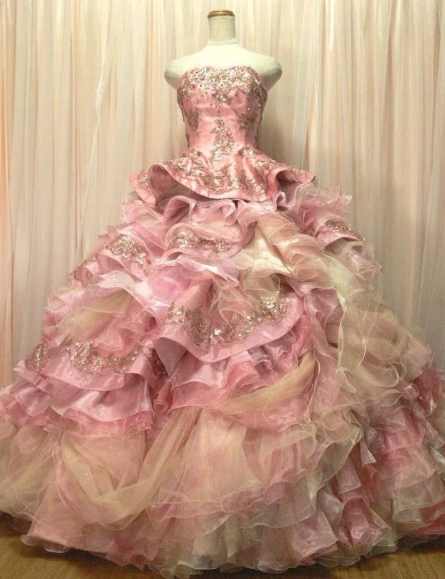Süßes rosa trägerloses langes Ballkleid aus Satin-Tüll mit Pailletten und Perlen in Diamant-Optik ED01585