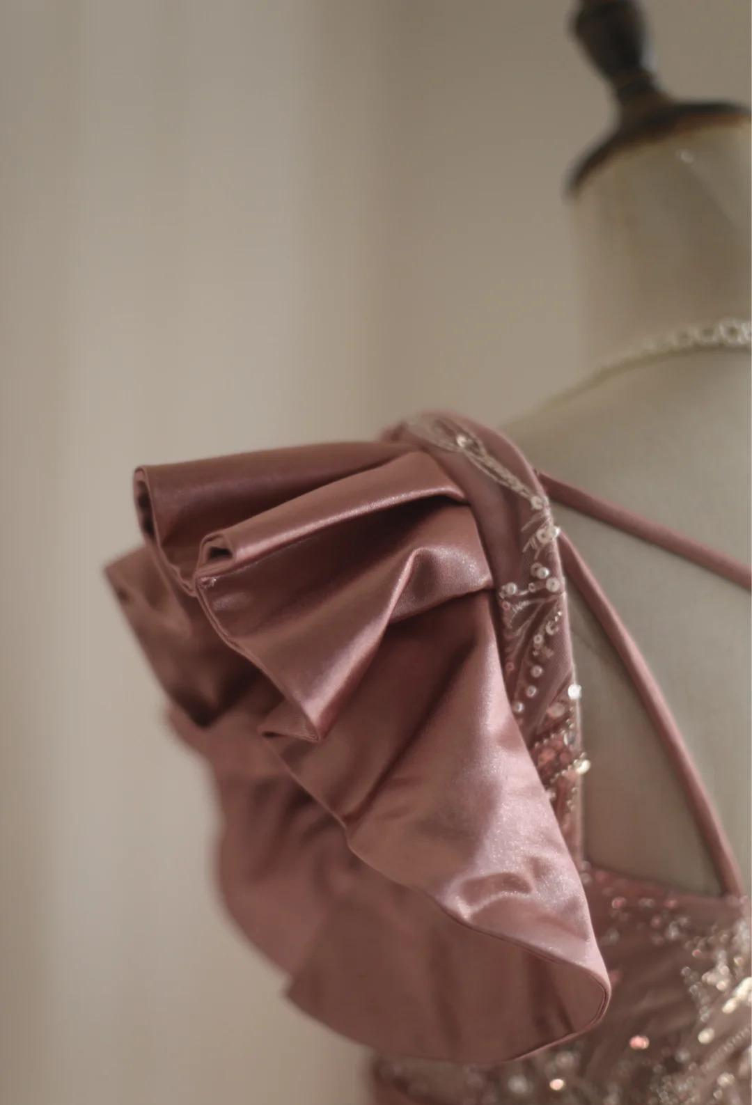 Pink Mermaid One Shoulder Satin Beaded Sequin Long Prom Dress Bridalmaid Dress