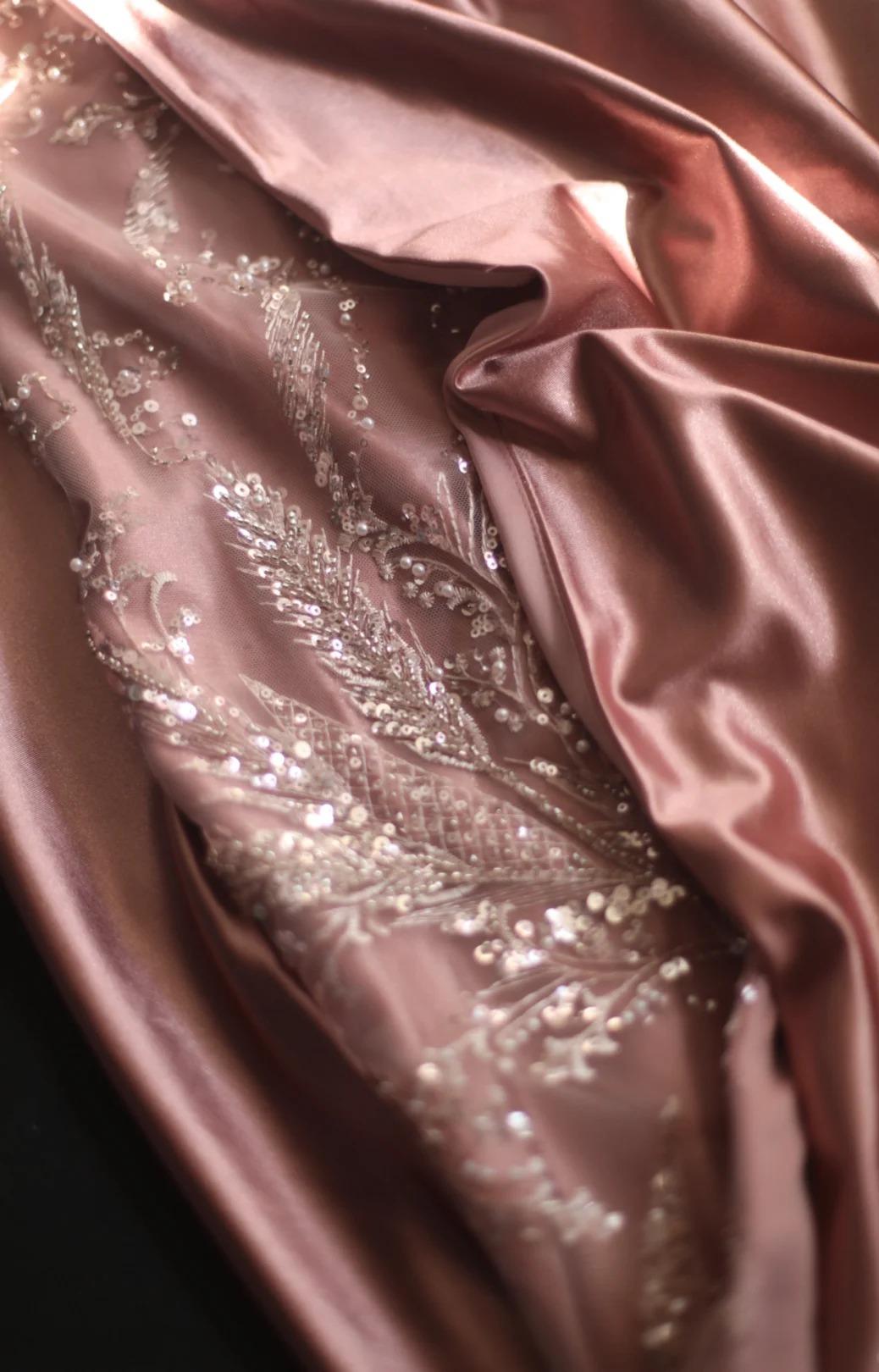 Pink Mermaid One Shoulder Satin Beaded Sequin Long Prom Dress Bridalmaid Dress