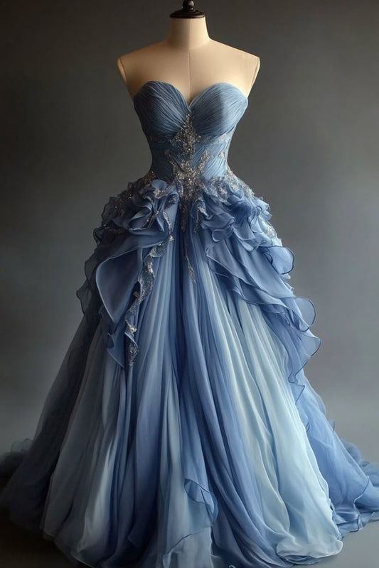Robe de soirée longue vintage en mousseline de soie à paillettes, coupe trapèze, décolleté en cœur, ED01589