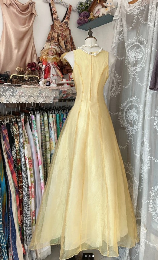 Vintage Gelb A-Linie U-Boot-Ausschnitt Tüll Langes Ballkleid Einfache Stickerei Applikation Abendkleid ED01592