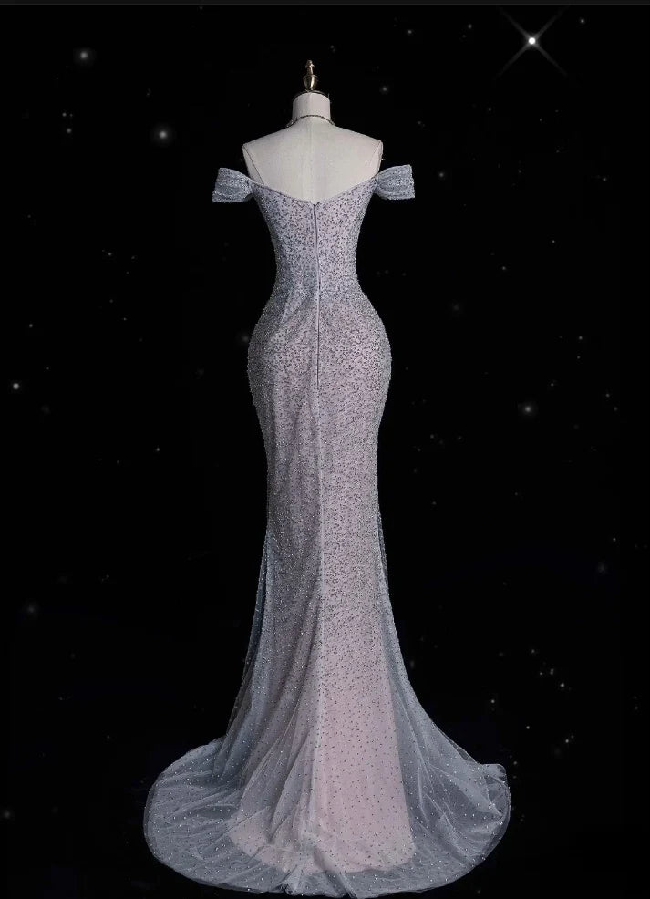 Mermaid Gown Off The Shoulder Tulle Sequins Long Prom Dress for Formal Events &Quinceanera