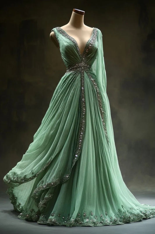 Robe de bal longue en tulle vert, coupe trapèze, décolleté en V, élégante, avec perles, ED01600