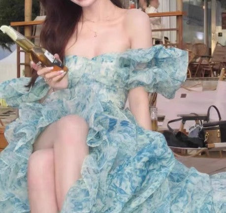 Süßes A-Linien-Kleid mit schulterfreiem Organza-Print, langes Ballkleid, Geburtstagskleid für Erwachsene, Zeremoniekleid ED01602