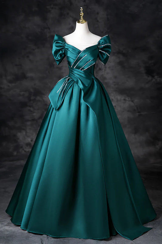 Robe de bal longue en satin bleu sarcelle, coupe trapèze, épaules dénudées, élégante robe de soirée ED01603