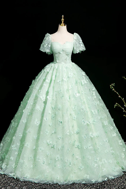 Robe de bal longue verte trapèze en tulle et paillettes, magnifique robe de soirée papillon 3D ED01605