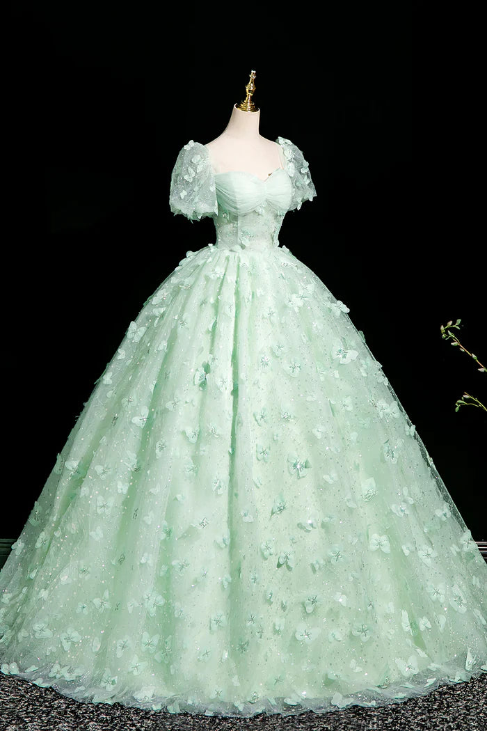 Robe de bal longue verte trapèze en tulle et paillettes, magnifique robe de soirée papillon 3D ED01605