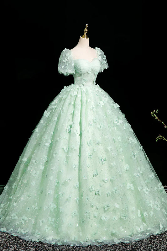 Robe de bal longue verte trapèze en tulle et paillettes, magnifique robe de soirée papillon 3D ED01605