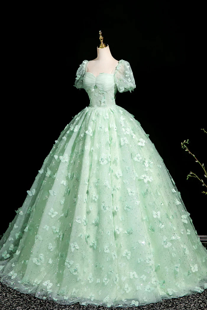 Robe de bal longue verte trapèze en tulle et paillettes, magnifique robe de soirée papillon 3D ED01605