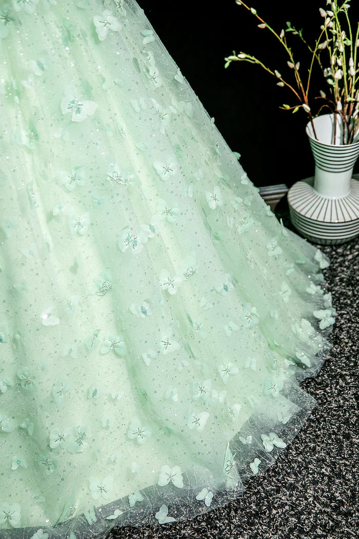 Robe de bal longue verte trapèze en tulle et paillettes, magnifique robe de soirée papillon 3D ED01605