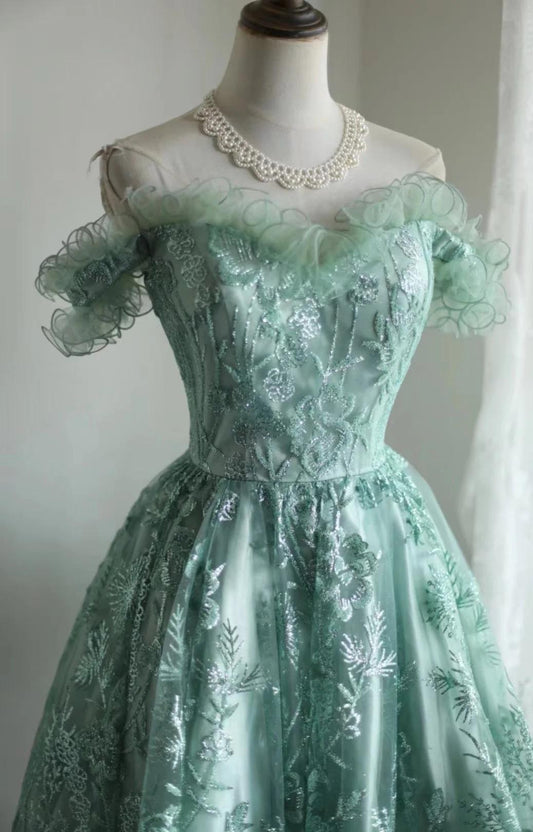 Robe de bal courte verte trapèze en tulle et paillettes, robe de soirée ED01608