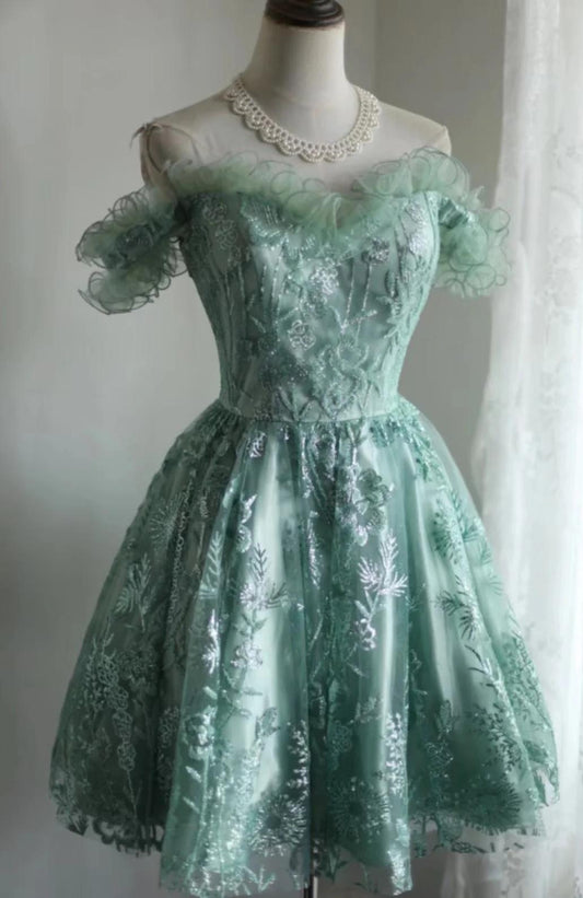 Robe de bal courte verte trapèze en tulle et paillettes, robe de soirée ED01608
