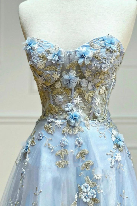 Robe de bal longue bleue trapèze en tulle avec appliques et décolleté en cœur, robe de soirée bustier ED01609