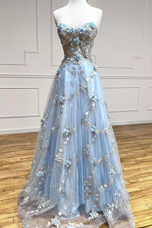Robe de bal longue bleue trapèze en tulle avec appliques et décolleté en cœur, robe de soirée bustier ED01609