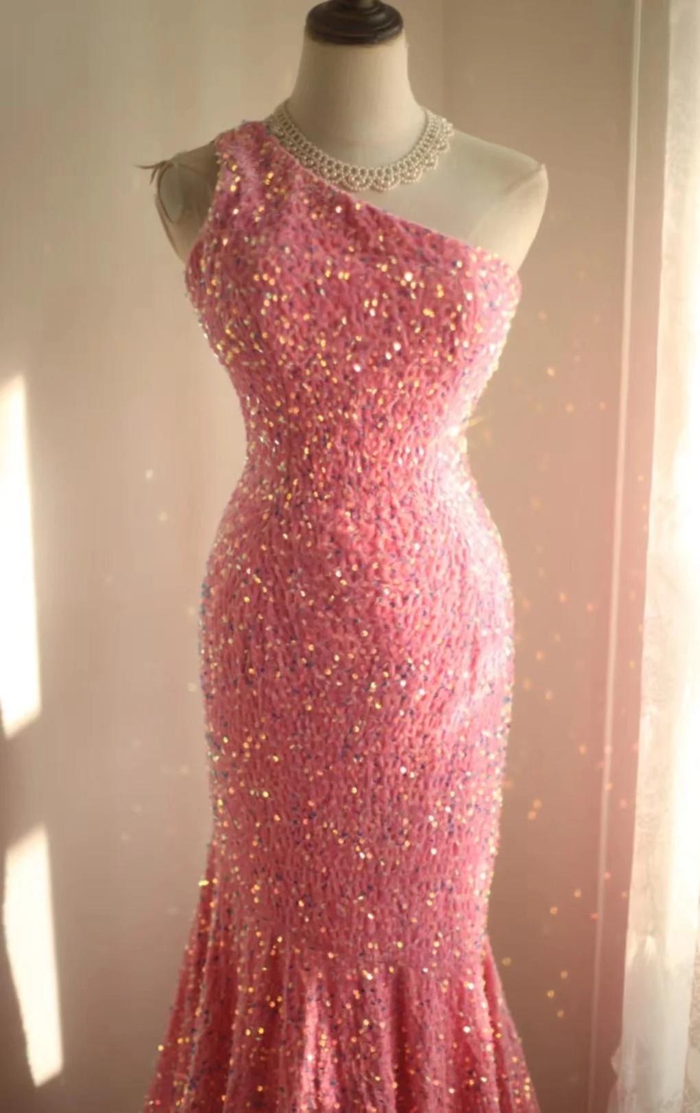 Robe de soirée longue plissée à paillettes, style sirène, asymétrique, rose, dos nu, ED01608
