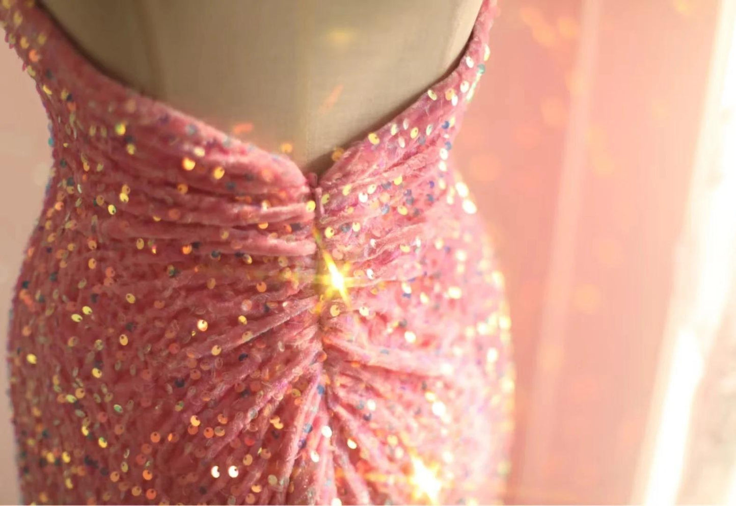 Robe de soirée longue plissée à paillettes, style sirène, asymétrique, rose, dos nu, ED01608