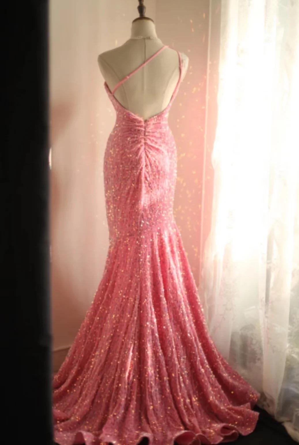 Robe de soirée longue plissée à paillettes, style sirène, asymétrique, rose, dos nu, ED01608