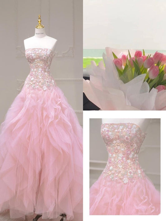 Robe de bal longue rose sirène bustier en tulle à paillettes, robe de mariée brodée avec appliques ED01612