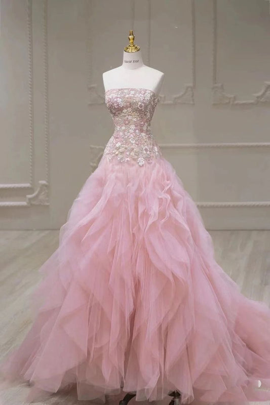 Robe de bal longue rose sirène bustier en tulle à paillettes, robe de mariée brodée avec appliques ED01612