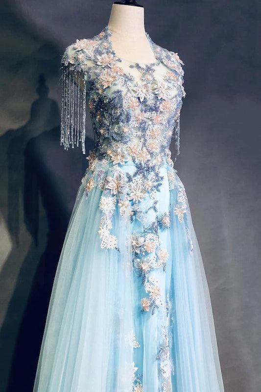 Robe de bal trapèze bleu ciel modeste en tulle, broderies de perles et appliques, robe de concours ED01613