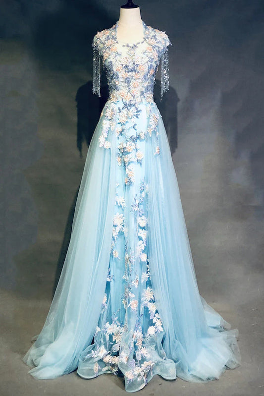 Robe de bal trapèze bleu ciel modeste en tulle, broderies de perles et appliques, robe de concours ED01613