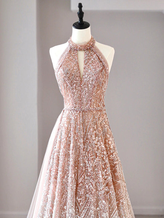 Robe de bal longue en tulle pailleté, coupe trapèze, col licou, robe de soirée formelle ED01614