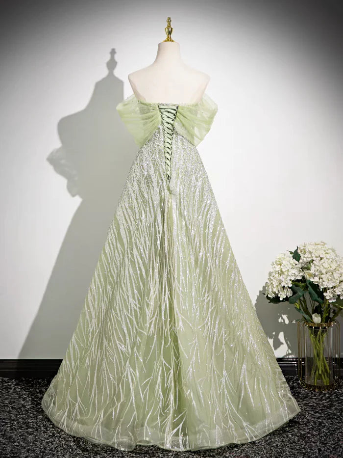 Sage A-Line Off the Shoulder Glittering Tulle Sequins Long Prom Dress Sweet 16 Dress ED01618
