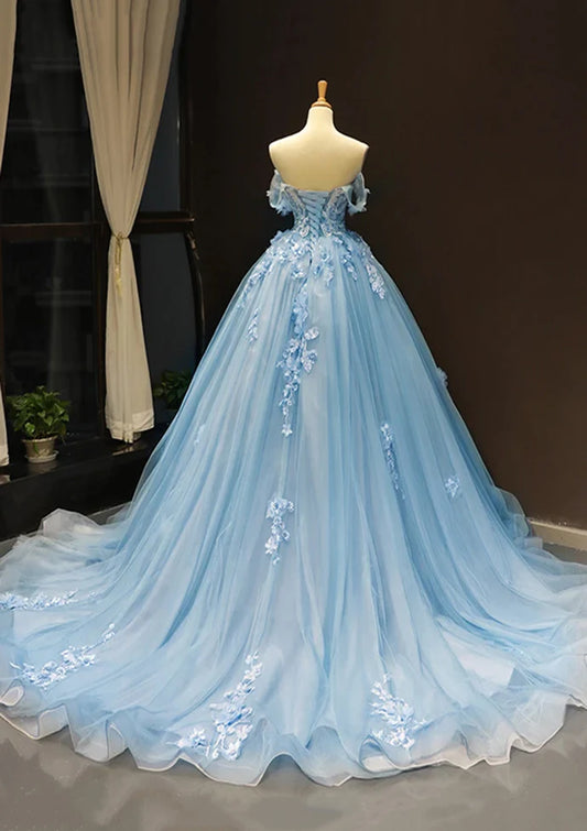 Robe de bal trapèze en tulle, épaules dénudées, décolleté en cœur, traîne, bleu ciel, avec appliques, ED01621