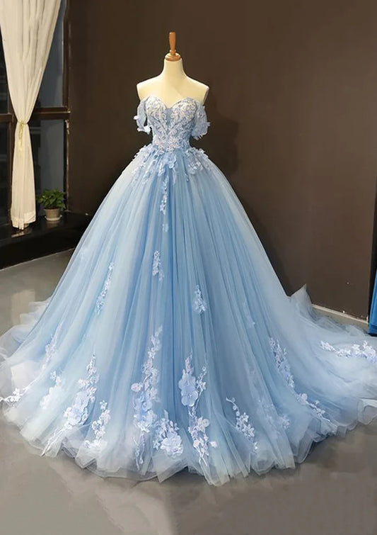 Robe de bal trapèze en tulle, épaules dénudées, décolleté en cœur, traîne, bleu ciel, avec appliques, ED01621