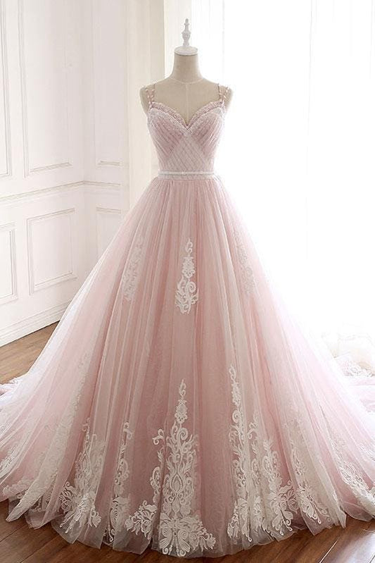 Robe de bal longue rose trapèze à bretelles spaghetti en tulle et perles, robe de mariée à appliques ED01622