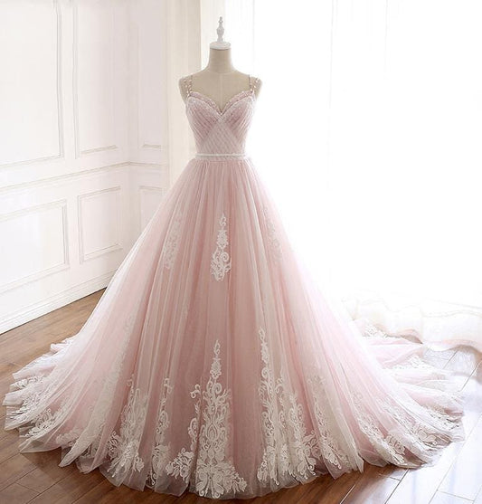 Robe de bal longue rose trapèze à bretelles spaghetti en tulle et perles, robe de mariée à appliques ED01622