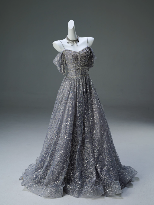 Robe de bal longue trapèze à bretelles spaghetti et paillettes, robe de cérémonie pour adultes, ED01626