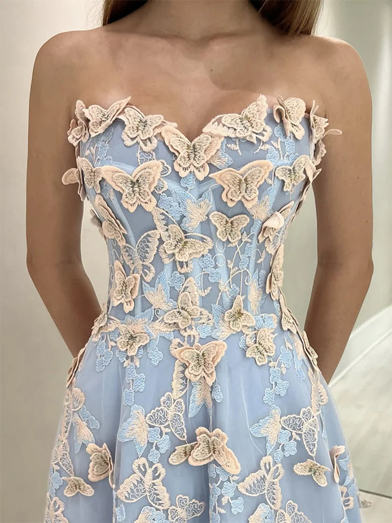 A-Line Sweetheart Neck Tulle Lace Blue Long Prom Dress Graduation Prom Dress ED01631