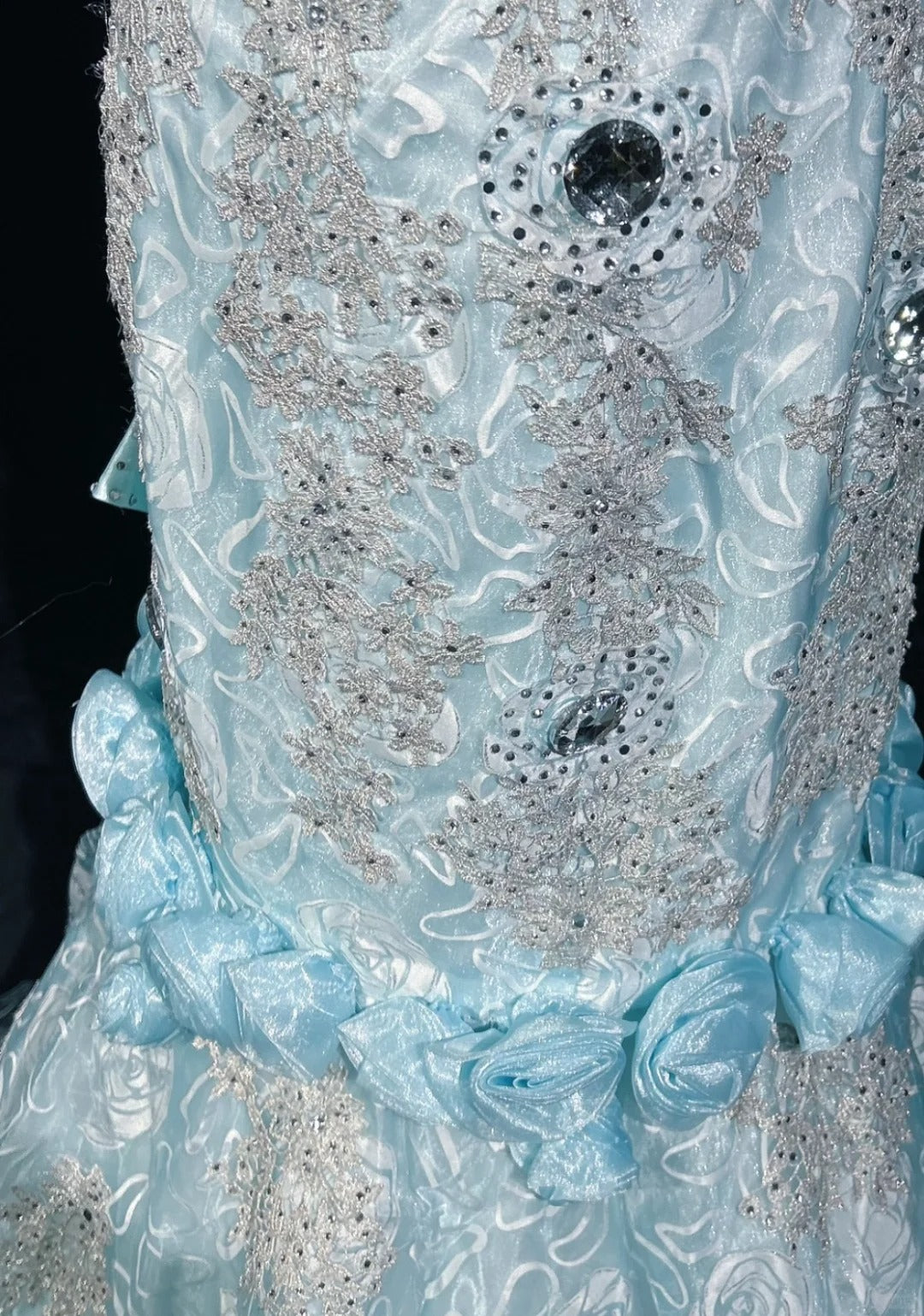 Sky Blue Mermaid Spaghetti Straps Organza Diamond Long Prom Dress Lace Floral Evening Gown ED01638