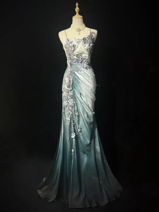 Elegant Chiffon Mermaid Gown  for Prom&Party Spaghetti Strap Sequined Applique Evening Gown